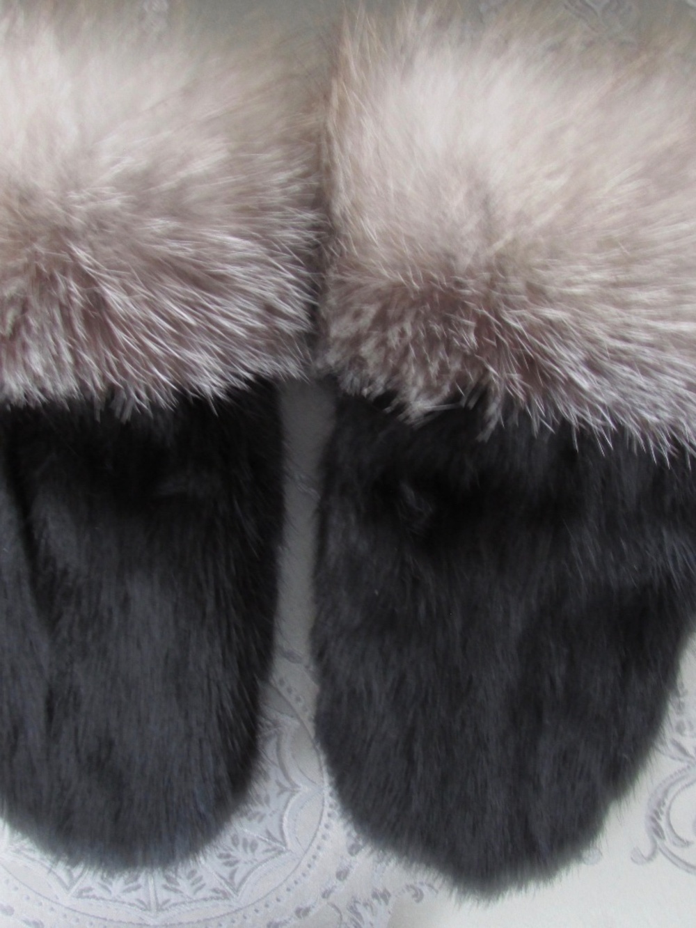 Mittens made from natural black mink and Chrystal fox fur.